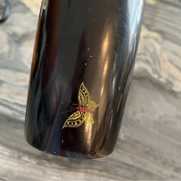 Vintage Lacquered Vase Black Wood Japan Birds Flowers Butterfly 14” - Picture 9 of 10